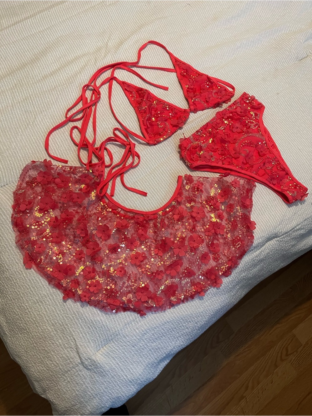 Hot pink Floral Sequin Bandeau Bikini Set with Sheer Floral Overlay - Lumi Shop
